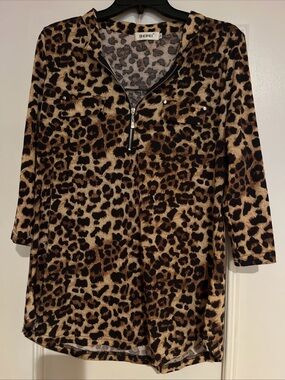 Leopard Print Zip-Front Blouse in Brown